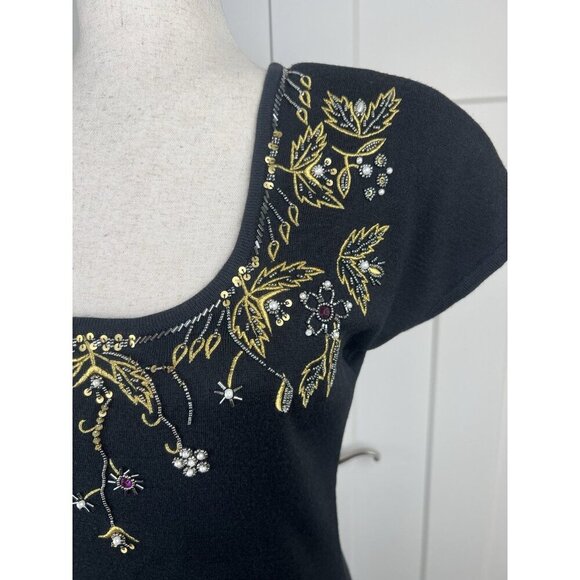 Carole Little Vintage Black Wool Blend Maxi Sweater Dress Sz M Embroidery Beads - Picture 4 of 13